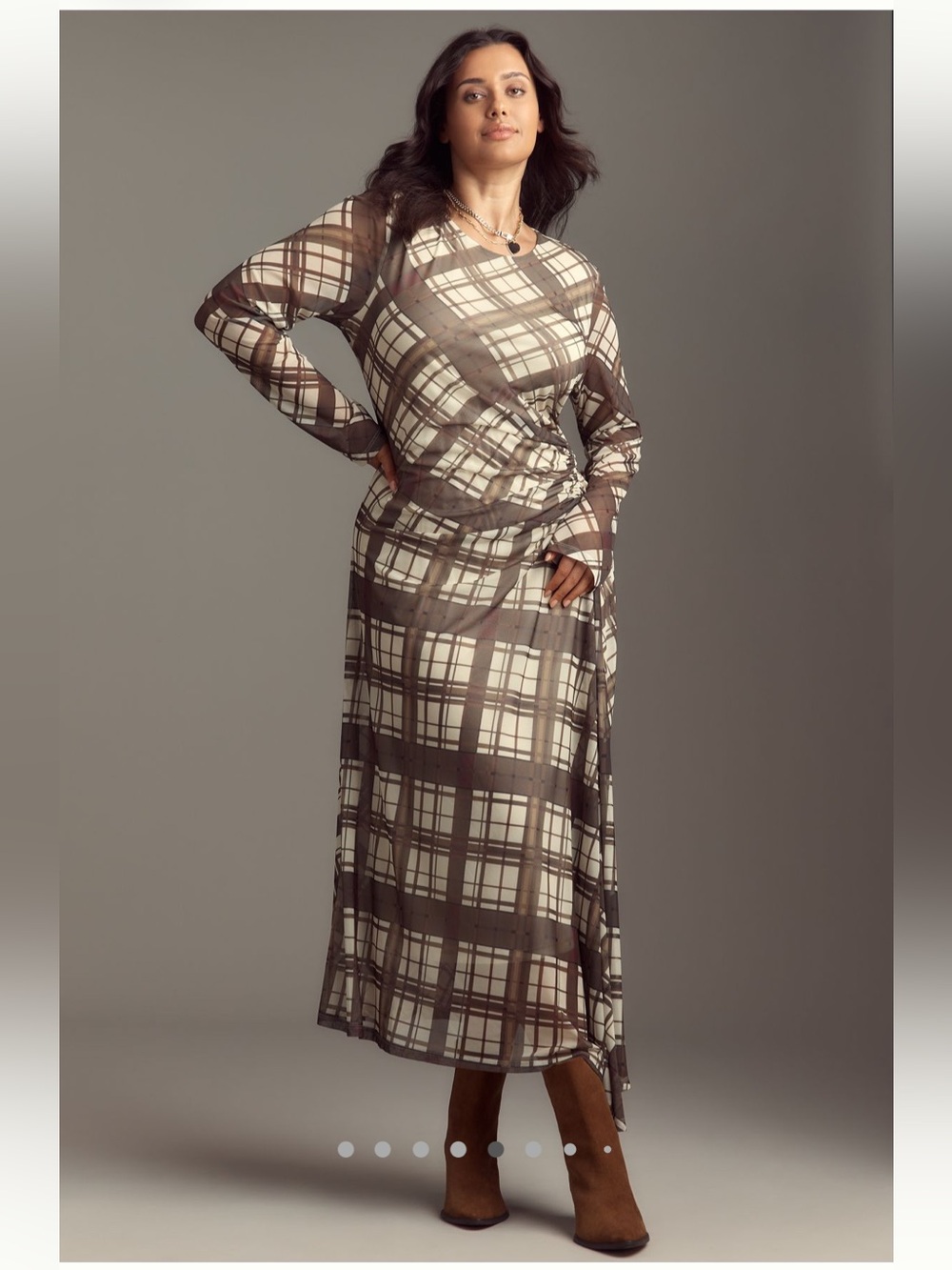 Anthropologie Brown and Cream Plaid Long Sleeve Maxi Dress